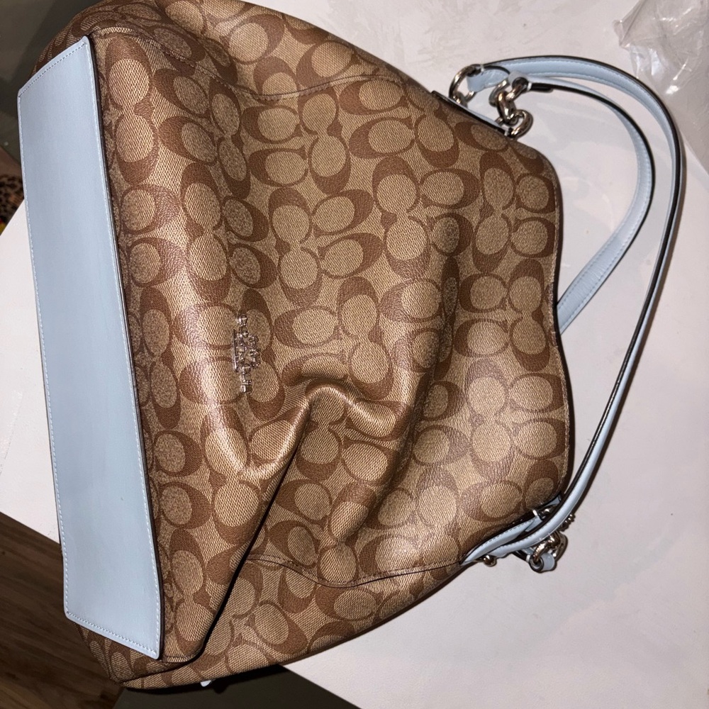 Coach Brown and Light Blue Signature Shoulder Bag